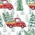 Watercolor Christmas seamless pattern with red buffalo plaid truck and pine trees on white background. Winter print