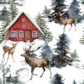 Watercolor Christmas seamless pattern with red house and deers in winter forest. Hand painted illustration with fir Royalty Free Stock Photo