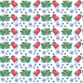 Watercolor Christmas seamless pattern with red mittens, berries, holly branches and snowflakes. Royalty Free Stock Photo