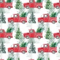 Watercolor Christmas seamless pattern with red truck and pine trees on white background. Winter print with hand drawn vintage car Royalty Free Stock Photo