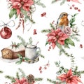 Watercolor Christmas seamless pattern with robin, poinsettia, roses, cake, cup and fir branches. Hand painted holiday Royalty Free Stock Photo