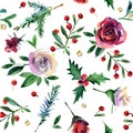 watercolor Christmas seamless pattern. rosa flower, holly, pine branch, berries watercolor illustration.