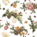 Watercolor Christmas seamless pattern of roses, gold pine cones and fir branches. Hand painted holiday flowers and Royalty Free Stock Photo