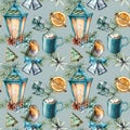 Watercolor Christmas seamless pattern in scandinavian style. Hand painted Blue lantern, cacao cup with marshmallow