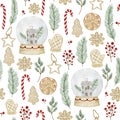 Watercolor christmas seamless pattern with show globe fir cookies