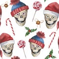 Watercolor christmas seamless pattern with skulls and lollipops. Hand painted holiday illustration with hats, bells