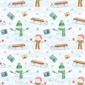 Watercolor Christmas seamless pattern with snowman, sledges, giftes and snowflakes Royalty Free Stock Photo