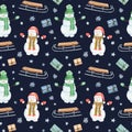 Watercolor Christmas seamless pattern with snowman, sledges, giftes and snowflakes on dark background