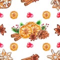 Watercolor Christmas seamless pattern with spices