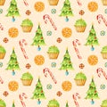 Watercolor Christmas seamless pattern with sweets and Xmas tree