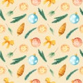 Watercolor christmas seamless pattern. Texture with fir branches, Christmas toys, balls, tangerine, bow. Royalty Free Stock Photo
