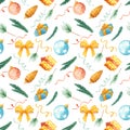 Watercolor christmas seamless pattern. Texture with fir branches, Christmas toys, balls, gifts, bow. Royalty Free Stock Photo