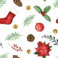 Watercolor Christmas seamless pattern with toys, gingerbread, bells on a white background.