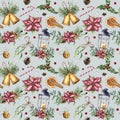 Watercolor Christmas seamless pattern with traditional decor. Hand painted lantern, snowberry, bells, candle, mistletoe Royalty Free Stock Photo