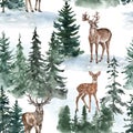 Watercolor Christmas seamless pattern with winter forest, deer on white background. Pine trees landscape Royalty Free Stock Photo