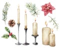 Watercolor Christmas set with candles, flower and pine branches. Hand painted pine cone, poinsettia and holly isolated Royalty Free Stock Photo