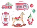 Watercolor Christmas set clipart with red pickup, retro radio, gnome, christmas toys, a ball with the snow and rocking