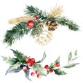 Watercolor Christmas set of gold pine cone, red berries and branches. Hand painted holiday composition of plants