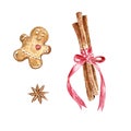 Watercolor Christmas set of hand drawn cinnamon sticks and gingerbread cookie