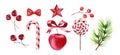 Watercolor Christmas set. Hand painted illustration collection with lollypop, candy cane and red apple. Holly berries