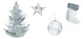 Watercolor Christmas set in minimal style. Painted winter decor collection with Christmas ball, star, sock and Christmas