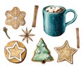 Watercolor Christmas set with mug, pastry and cacao. Hand painted cup, marshmallow, cookies and cinnamon sticks isolated