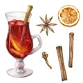 Watercolor Christmas set with mulled wine and spices. Hand painted wine glass, star anise, cloves, orange and cinnamon Royalty Free Stock Photo