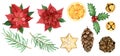 Watercolor Christmas set of poinsettia, cones, fir twigs, bells isolated on a white background. Royalty Free Stock Photo