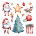 Watercolor Christmas set with Santa Claus, christmas tree, star, snowflakes, gift boxes, candy canes, stars and balls. Royalty Free Stock Photo