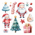 Watercolor Christmas set with Santa Claus, christmas tree, star, snowflakes, gift boxes, candy canes, stars and balls. Royalty Free Stock Photo