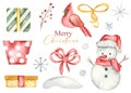 Watercolor christmas set with snowman, bird, snowflakes, gifts, snowdrift, berries Royalty Free Stock Photo