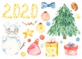 Watercolor Christmas set with spruce, snowman, gifts Royalty Free Stock Photo
