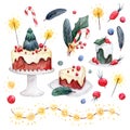 Watercolor Christmas set of sweets  cake  fir branches  sparklers  garlands  berries. New year collection of illustrations Royalty Free Stock Photo