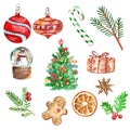 Christmas set with symbols of winter holidays, watercolor illustration on white Royalty Free Stock Photo