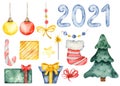 Watercolor Christmas set 2021, with Christmas tree, Christmas toys, gifts, decorations