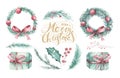 Watercolor Christmas set of wreath with christmas tree spruce branches, flower and berries on a white background