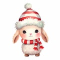 watercolor Christmas sheep in a striped hat and scarf on an isolated background