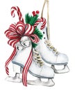 Watercolor Christmas skates with red ribbon