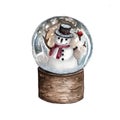 Watercolor Christmas Snow Globe with snowman. Design for poster or greeting card.