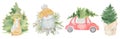 Watercolor Christmas snowman, fox, pine tree and car. Cartoon illustration isolated white background Royalty Free Stock Photo