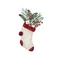 Watercolor Christmas sock decorated with bouquet of pine cones Royalty Free Stock Photo