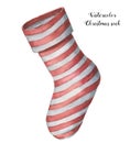 Watercolor Christmas sock. Hand painted striped Christmas stocking isolated on white background. Holiday print. Royalty Free Stock Photo