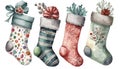 Watercolor Christmas sock set. Hand painted illustration isolated on white background Royalty Free Stock Photo