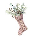 Watercolor Christmas sock with winter floral decor. Hand painted holiday symbol with fir branches, berries and seeds