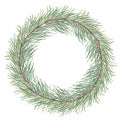 Watercolor Christmas Spruce wreath without decoration. Botanical illustration of Xmas tree Branch isolated on white Royalty Free Stock Photo