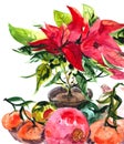 Watercolor christmas still life with poinsettia, balls and tangerines