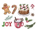 Watercolor Christmas sweets and desserts clip art set. hand painted illustrations. Gingerbread cookies, cake, hot cocoa mug Royalty Free Stock Photo