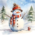 Watercolor Christmas Theme Decoration Illustration. Winter Season Festive. Holiday Artwork. Snowman Standing with Happy Season. Royalty Free Stock Photo