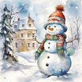 Watercolor Christmas Theme Decoration Illustration. Winter Season Festive. Holiday Artwork. Snowman Standing with Happy Season. Royalty Free Stock Photo