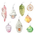 Watercolor christmas toys figures antique, tree decoration watercolor